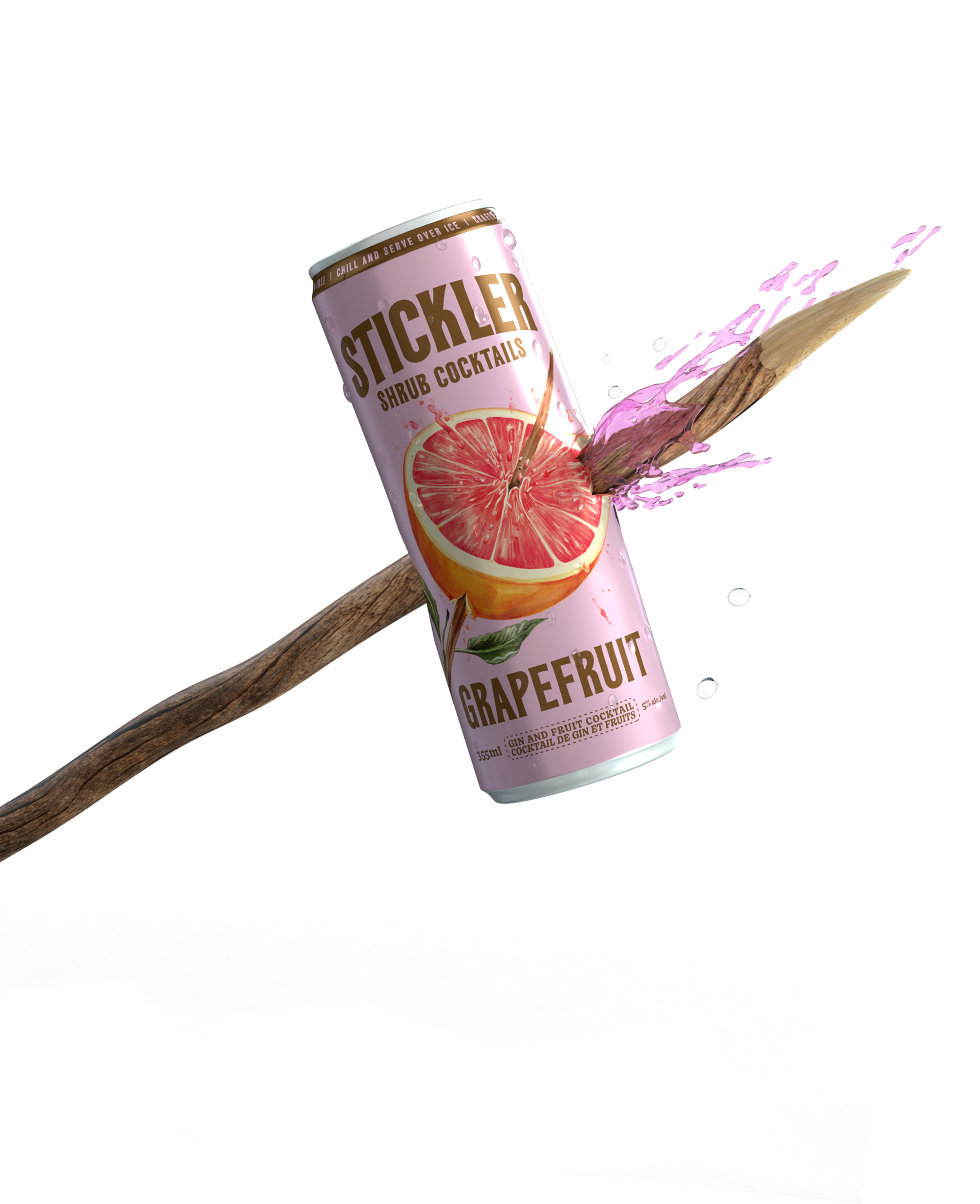 Stickler grapefruit can speared by a wooden stick with juice splashing